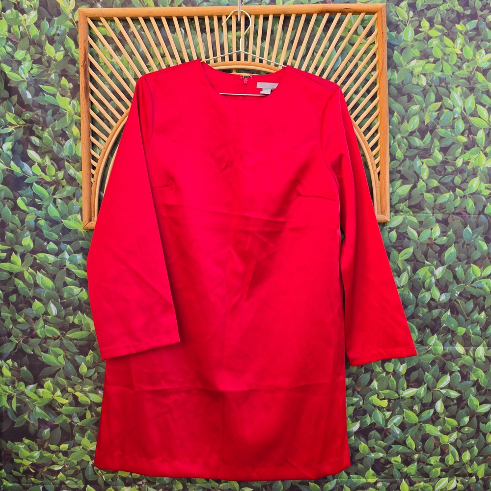 H&M Red Satin Long Sleeve Shift Dress Crew Neck L P/N 1109698 6